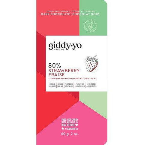 Giddy YoYo Strawberry 80% Dark Chocolate Bar Certified Organic 62g - YesWellness.com