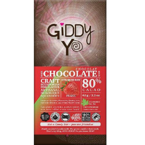 Expires May 2024 Clearance Giddy YoYo Strawberry 80% Dark Chocolate Bar Certified Organic 62g - YesWellness.com
