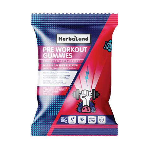 Herbaland Pre-Workout Gummies - Sour Blue Raspberry Flavour 50g - YesWellness.com