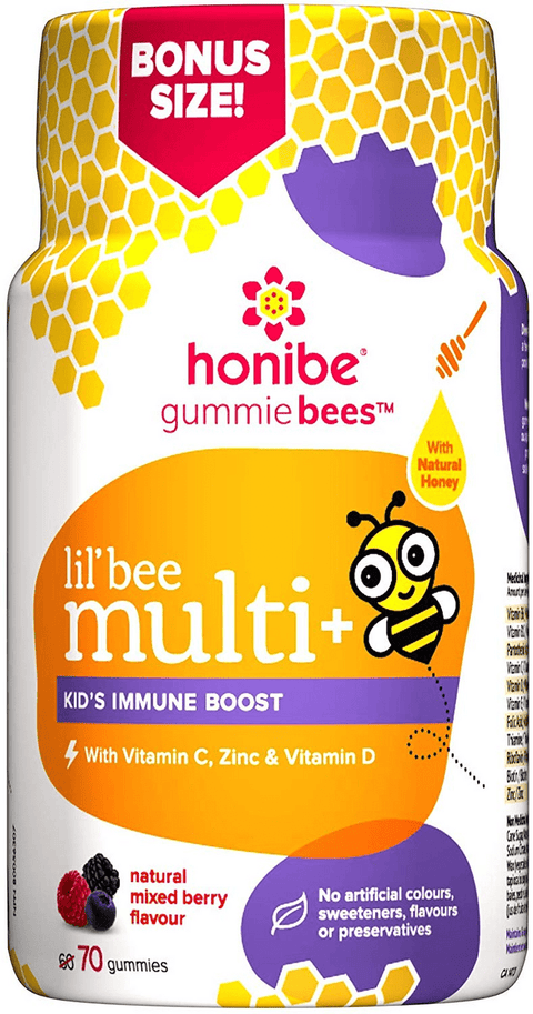 Honibe GummieBees Lil’ bee Multi + Kid’s Immune Boost with Vitamin C, Zinc & Vitamin D - Natural mixed Berry Flavour 70 Gummies - YesWellness.com