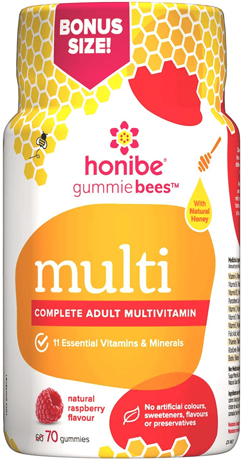 Honibe GummieBees Multi Complete Adult Multivitamin - Natural Raspberry Flavour 70 Gummies - YesWellness.com