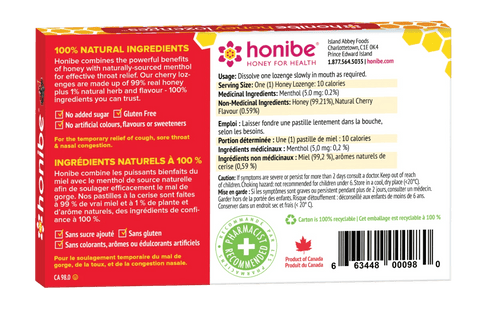 Honibe Honey Lozenges Soothes Cough, Sore Throat & Congestion - Cherry 10 Lozenges - YesWellness.com