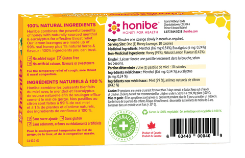 Honibe Honey Lozenges Soothes Cough, Sore Throat & Congestion - Lemon 10 Lozenges - YesWellness.com