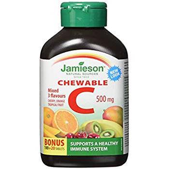Jamieson Chewable C 500mg Mixed (Cherry, Orange, Tropical) Bonus Size 100+20 Tablets - YesWellness.com