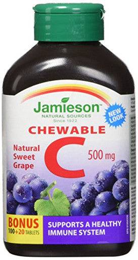 Jamieson Chewable C 500mg Sweet Grape Bonus Size 100 + 20 Tablets - YesWellness.com