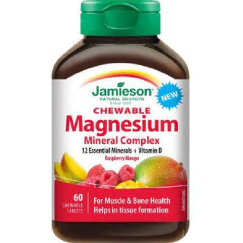 Jamieson Chewable Magnesium Mineral Complex + D3 Raspberry Mango 60 Chew Tablets - YesWellness.com