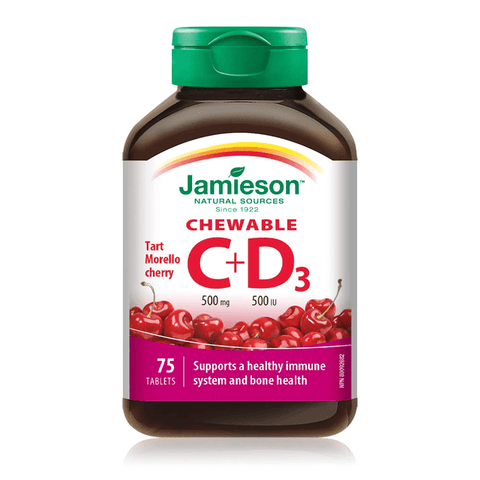 Expires May 2024 Clearance Jamieson Chewable Vitamin C 500mg + D3 500IU - Tart Morello Cherry 75 Tablets - YesWellness.com