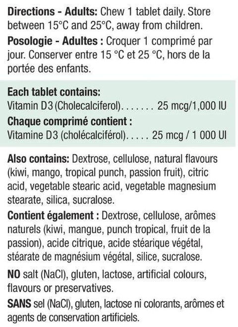 Jamieson Chewable Vitamin D3 1000IU Exotic Tropical Fruit 100 Tablets - YesWellness.com
