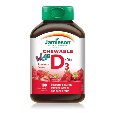 Expires May 2024 Clearance Jamieson Chewable Vitamin D3 400IU for Kids - Strawberry Flavour 100 Panda-Shaped Tablets - YesWellness.com