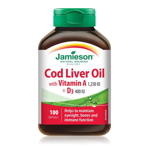 Jamieson Cod Liver Oil with Vitamin A 1250 IU + D3 400 IU 100 Softgels - YesWellness.com