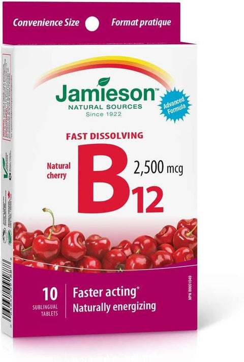 Expires March 2026 Clearance Jamieson Fast Dissolving B12 2500mg natural cherry 10 sublingual Tablets