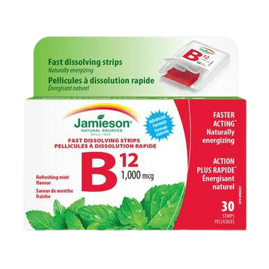 Jamieson Fast Dissolving Strips Vitamin B12 1000mcg Refreshing Mint Flavour 30 Strips - YesWellness.com