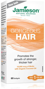 Jamieson Gorgeous Hair 10,000mcg Biotin with Organic Coconut Oil 60 Softgels - YesWellness.com