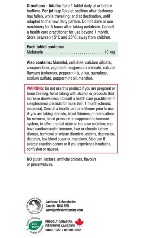 Jamieson Melatonin 10 mg Quick Dissolving Peppermint 60 Sublingual Tablets - MAX Strength - YesWellness.com