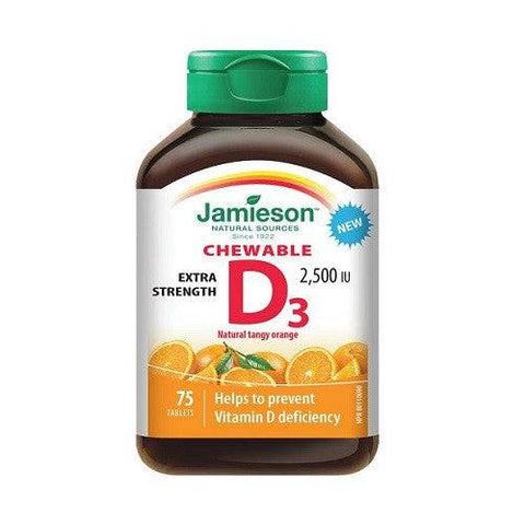 Jamieson Vitamin D3 Extra Strength 2500 IU Chewable 75 Tablets - YesWellness.com