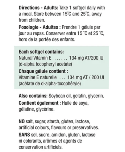 Jamieson Vitamin E 200 IU 134 mg AT 100 Softgels - YesWellness.com