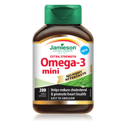 Expires July 2024 Clearance Jamieson Extra Strength Omega-3 Mini No Fishy Aftertaste 200 Small Softgels - YesWellness.com