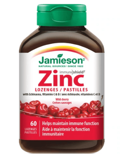 Expires June 2024 Clearance Jamieson Zinc Lozenges With Echinacea Vitamins C and D 60 Wild Cherry Lozenges - YesWellness.com