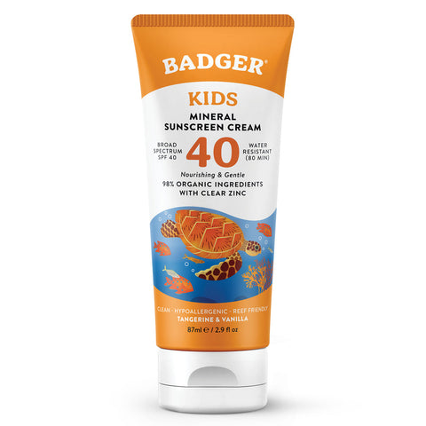Expires January 2026 Clearance Badger Balms Tangerine and Vanilla SPF 40 Zinc Oxide Kids Sunscreen Cream 87ml