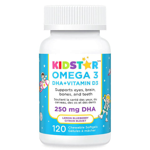 KidStar Nutrients Omega 3 DHA + Vitamin D3 Chewables (250mg DHA) - Lemon Blueberry 120 Chewable Softgels - YesWellness.com