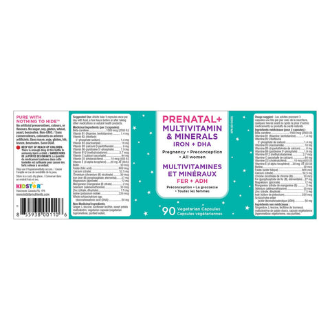 KidStar Nutrients Prenatal+ Multivitamin & Minerals Iron + DHA 90 Vegetable Capsules - YesWellness.com