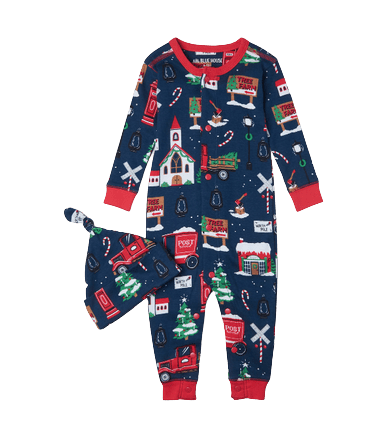 Little Blue House by Hatley Baby Coverall with Hat - Navy Christmas Village - YesWellness.com