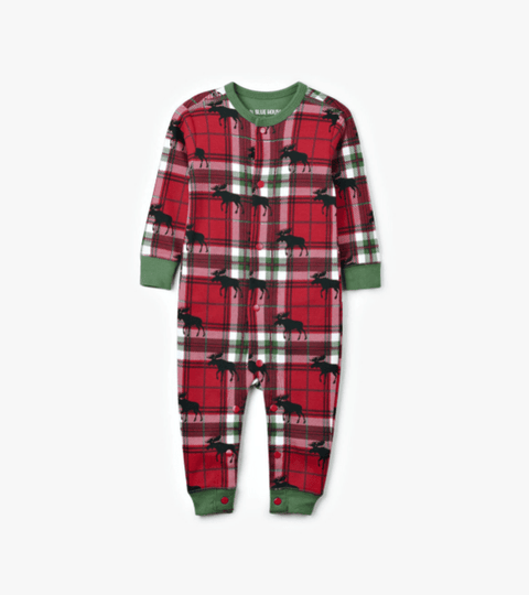 Little Blue House by Hatley Baby Union Suit Holiday Moose on Plaid - YesWellness.com