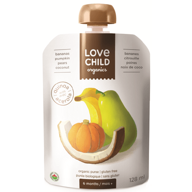 Love Child Organics Baby Food Pouch with Quinoa, Pears, Pumpkin, Banana and Coconut for 6 Months and Over 128 ml - YesWellness.com