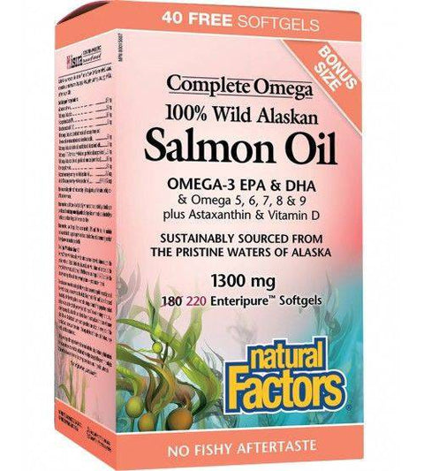 Natural Factors 100% Wild Alaskan Salmon Oil 1300mg Complete Omega 180 + 40 (220) BONUS Softgels - YesWellness.com