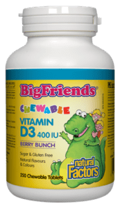 Expires February 2026 Clearance Natural Factors Big Friends Chewable Vitamin D3 400IU Berry Bunch 250 Chewable Tablets