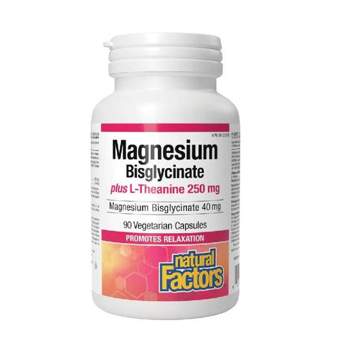 Natural Factors Magnesium Bisglycinate 40mg Plus L-Theanine 250mg 90 Vegetarian Capsules - YesWellness.com