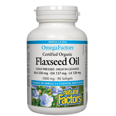 Natural Factors OmegaFactors Certified Organic Flaxseed Oil 1000mg Softgels - YesWellness.com