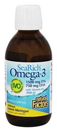Expires May 2024 Clearance Natural Factors SeaRich Omega-3 with D3 1500mg EPA / 750mg DHA Lemon Meringue - 200 ml - YesWellness.com