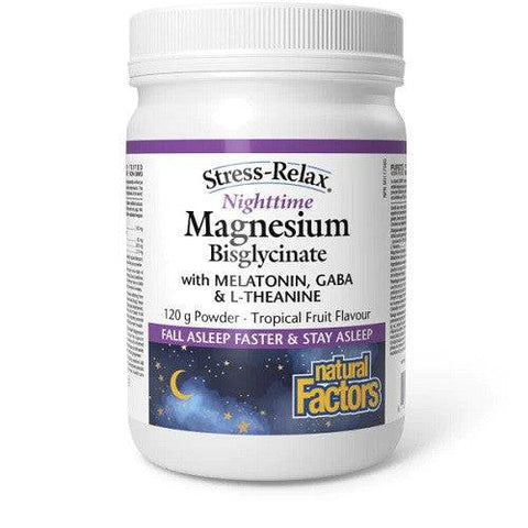 Natural Factors Stress-Relax Nighttime Magnesium Bisglycinate 120g Powder Tropical Fruit Flavour - YesWellness.com