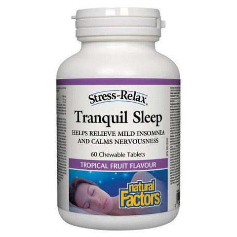 Expires May 2024 Clearance Natural Factors Stress-Relax Tranquil Sleep Tropical Fruit Flavour 60 Chewable Tablets - YesWellness.com