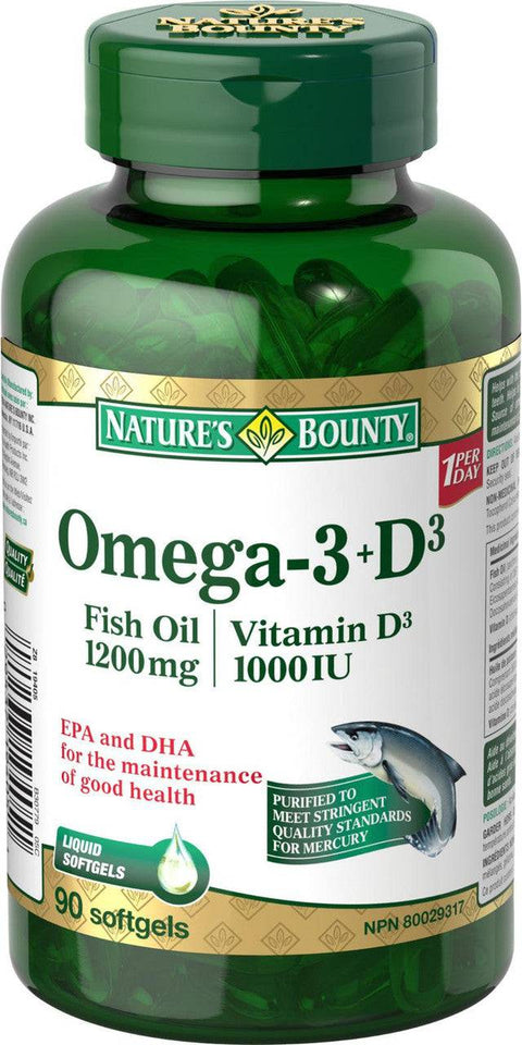 Nature's Bounty Omega-3 + D3 (Fish Oil 1200mg + Vitamin D3 1000IU) 90 Softgels - YesWellness.com