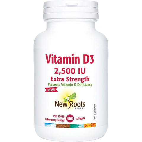 Expires June 2024 Clearance New Roots Herbal Vitamin D3 2,500 IU Extra Strength 360 Softgels - YesWellness.com