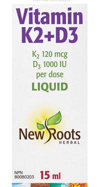 New Roots Herbal Vitamin K2 + D3 (120mcg + 1000IU per dose) Liquid 15mL - YesWellness.com
