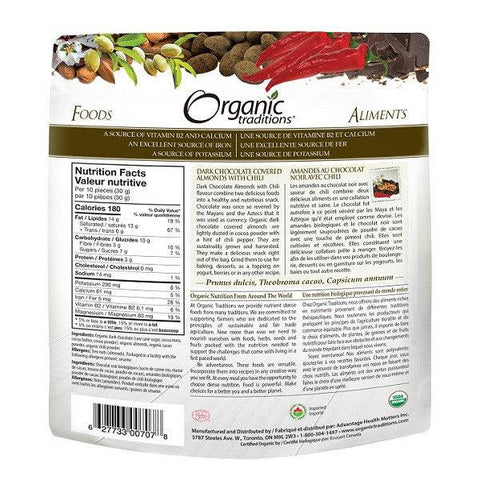Organic Traditions Dark Chocolate Covered Almonds with Chili 227g - YesWellness.com