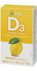 Expires January 2026 Clearance Platinum Naturals Vitamin D3 Drops 1000IU 15mL - Lemon