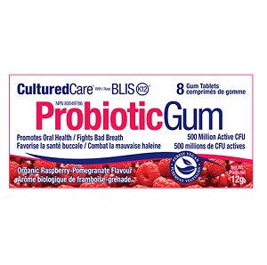 Prairie Naturals Cultured Care Probiotic Gum with BLIS K12 - Pomegranate Raspberry - Box of 12 - YesWellness.com
