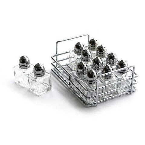 RSVP International Mini Glass Salt & Pepper Shakers Set of 12 with Rack - YesWellness.com