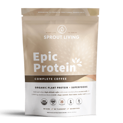Expires February 2024 Clearance Sprout Living Epic Protein Complete Coffee Organic Plant Protein + Superfoods 494g
