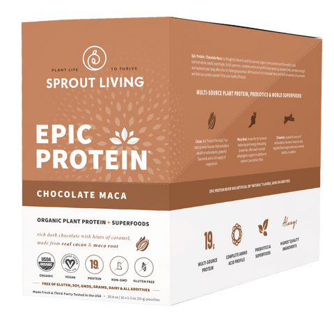 Expires May 2024 Clearance Sprout Living Epic Protein Organic Plant Protein + Superfoods 16 x 32g Pouches Chocolate Maca
