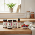 BILIHERB products on a wooden table with a cup of coffee and bowl of berries.