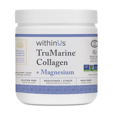 withinUs TruMarine Collagen + MAGNESIUM Powder - Lemon Flavour 208g - YesWellness.com