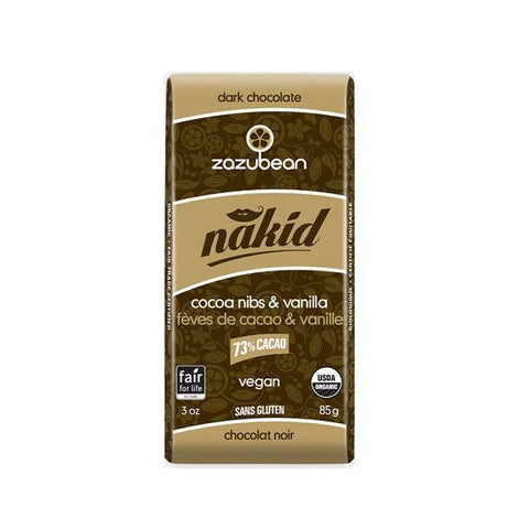 Zazubean Nakid Dark Chocolate Cocoa Nibs & Vanilla 73% Cocoa 12x85g Box - YesWellness.com