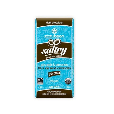 Zazubean Saltry Dark Chocolate Sea Salt & Almonds 65% Cacao 12x85g Box - YesWellness.com