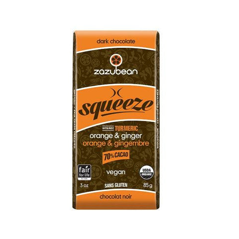 Zazubean Squeeze Dark Chocolate Orange & Ginger 70% Cacao 12x85g Box - YesWellness.com